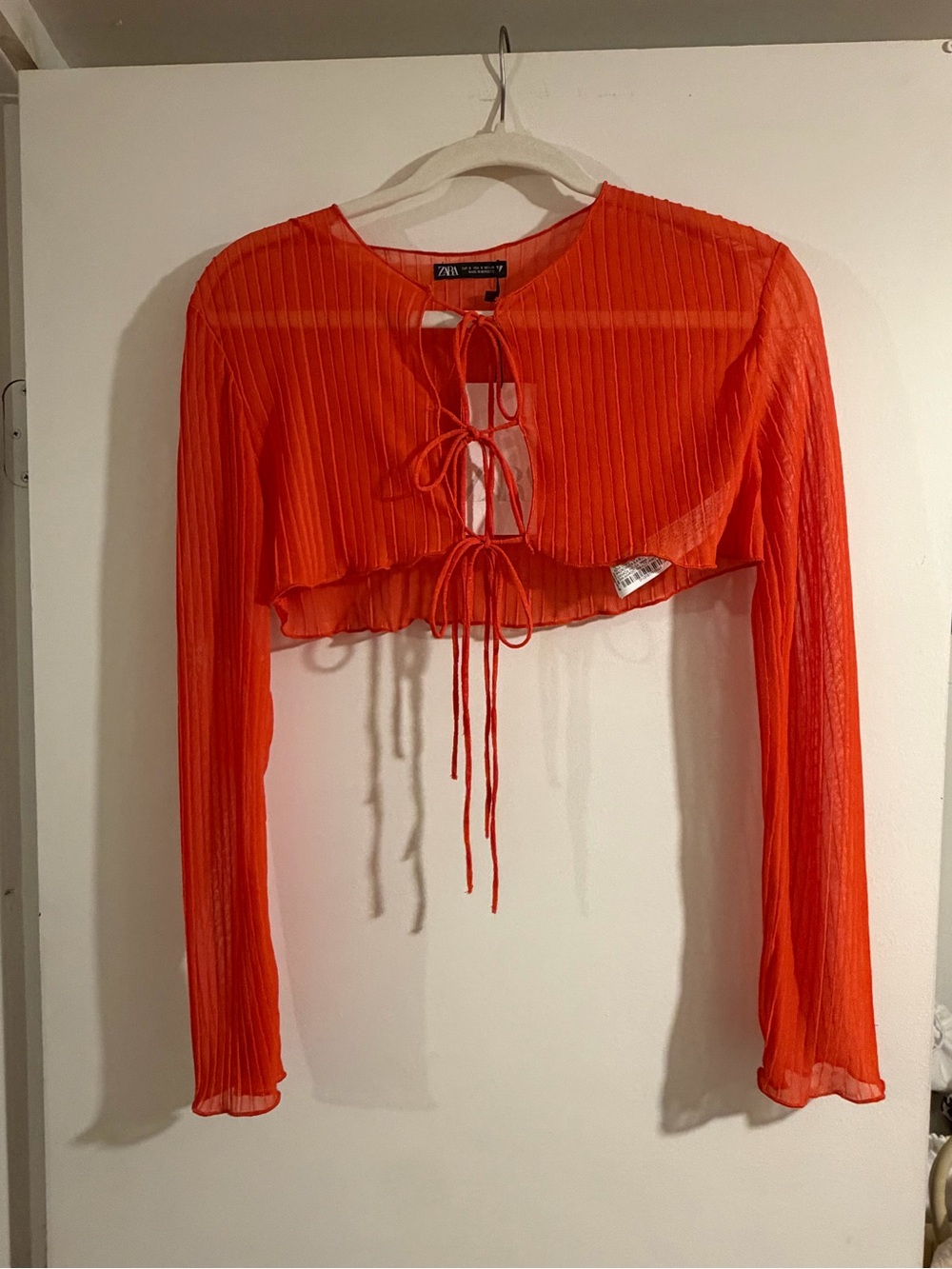 ZARA Bright Orange Sheer Ribbed Tie-Front Crop Top